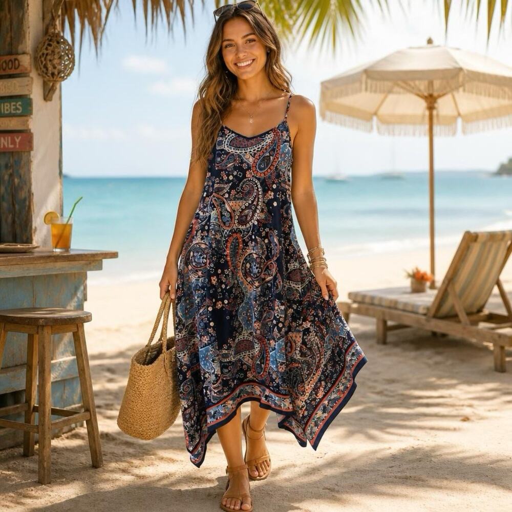 ECI NY Blue Paisley Whimsical Sun Dress M Sleeveless Straps Jersey Knit Bohemian